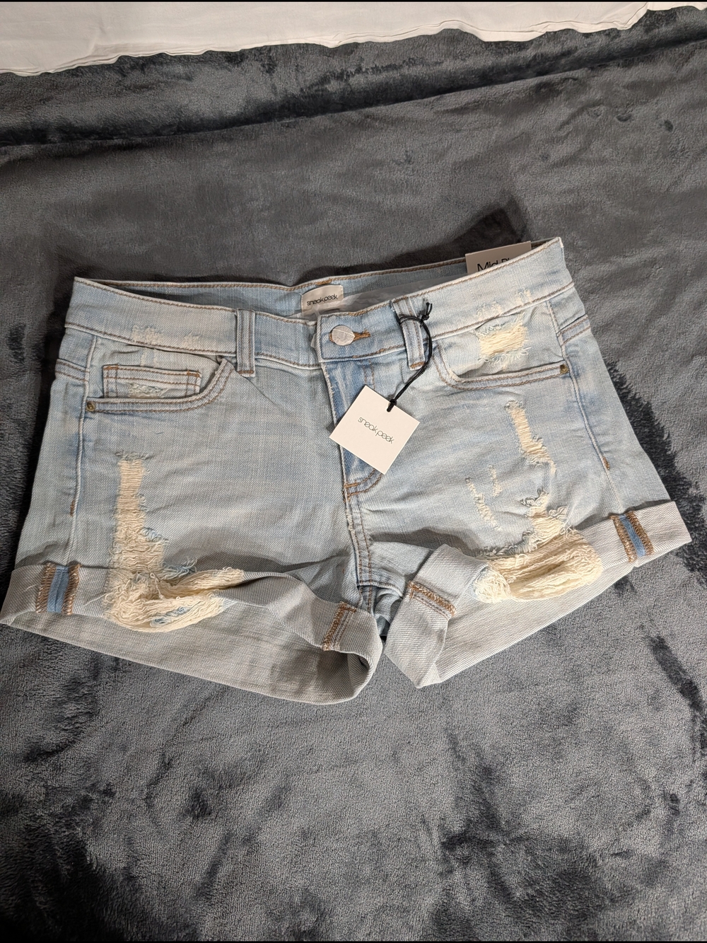 Sneak Peak- Light Wash Distressed Denim Shorts